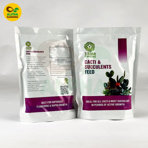 Two packages of cacti and succulents feed with Alpha Gardens branding on a white background.