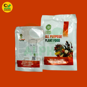 Two packages of Alpha Gardens All Purpose Plant Food on an orange background