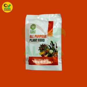 All-purpose plant food package with Alpha Gardens branding on an orange background
