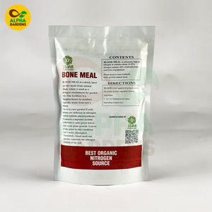 Package of bone meal with Alpha Gardens branding on a white background