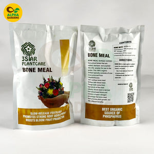 Two packages of Alpha Gardens Bone Meal on a white background