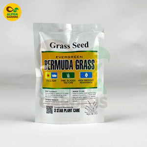 Bag of Evergreen Bermuda Grass seed with Alpha Gardens logo on a white background