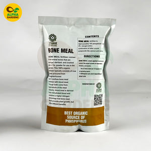 Bag of bone meal fertilizer with Alpha Gardens branding on a white background