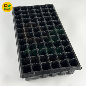Black plastic seed tray with multiple compartments on a white background, branded 'Alpha Gardens'.