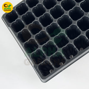 Black plastic seed tray with multiple compartments on a white background, featuring the Alpha Gardens logo.