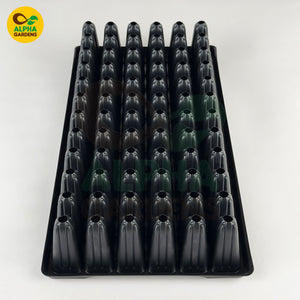Black plastic seed trays with Alpha Gardens logo on a white background