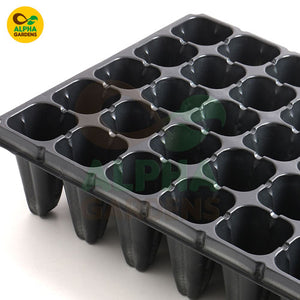 Black plastic seedling tray with multiple compartments on a white background, branded with Alpha Gardens.