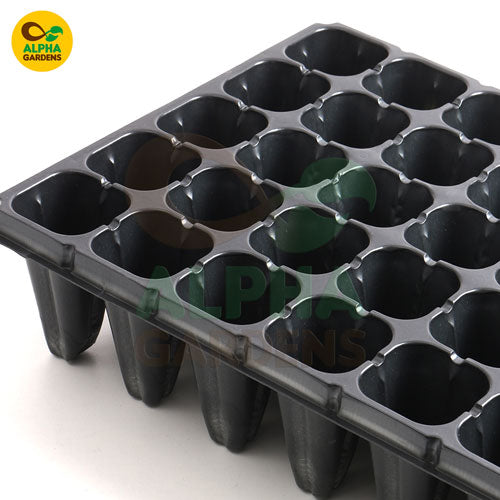 black-plastic-seedling-tray-with-multiple-compartments-on-a-white-background-branded-with-alpha-gardens