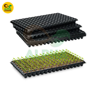 Black seedling trays with young plants and Alpha Gardens logo on a white background