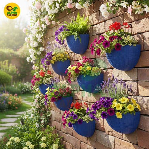 decorative-wall-with-blue-hanging-planters