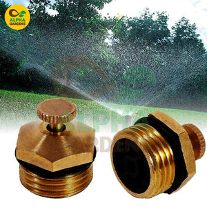 Brass garden valve and fitting with outdoor sprinkler background