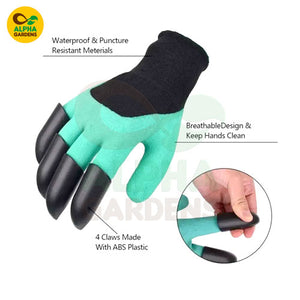 Gardening glove with black claws and green palm, 