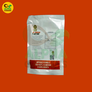 Alpha Gardens plant food package on an orange background