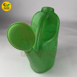 Green watering can with a detachable nozzle on a gray background, branded 'Alpha Gardens'.