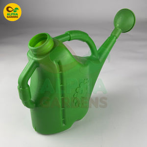 Green watering can with Alpha Gardens logo on a white background
