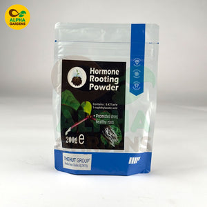 Packaging of Hormone Rooting Powder by Alpha Gardens on a white background