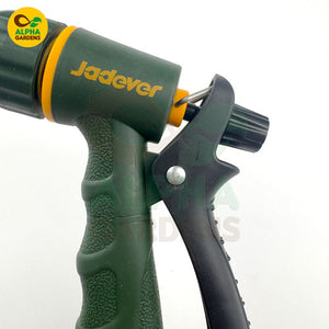Green garden hose nozzle with 'Jadever'
