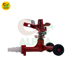 Red sprinkler with a white wheel 