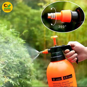 Orange garden sprayer with a close-up of the nozzle