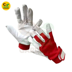 Pair of gardening gloves with red cuffs 