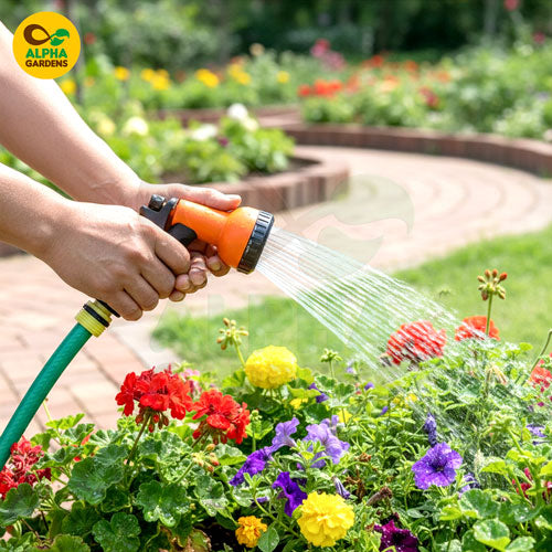 watering-flowers-with-a-hose