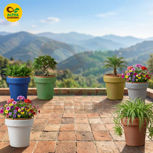 Potted plants on a patio with a scenic mountain view, featuring the Alpha Gardens logo.