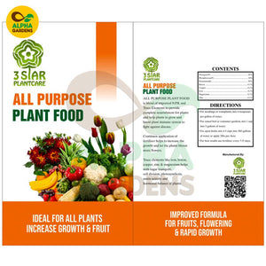 Alpha Gardens 3 Star Plantcare All Purpose Plant Food packaging with colorful graphics and text.