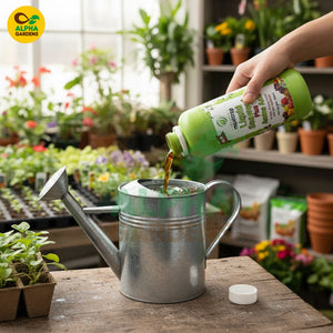 Person pouring liquid from a bottle into a watering can in a garden setting
