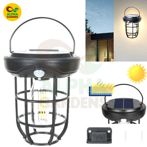 Solar-powered outdoor light with cage design, featuring Alpha Gardens branding.