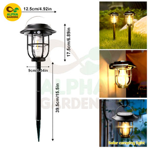 Solar garden light with dimensions and usage examples on a white background