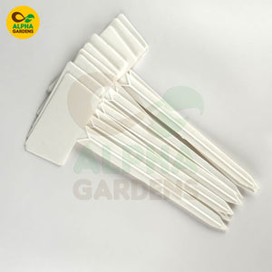 Set of white garden tools on a gray background with Alpha Gardens logo.