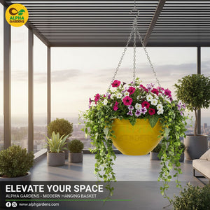 Yellow  hanging flower baskets 