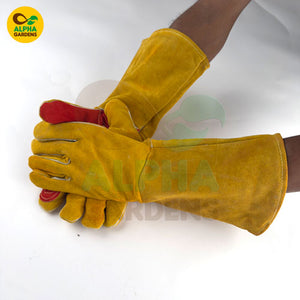 Yellow gardening gloves with red accents 