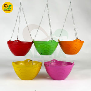 Colorful hanging flower baskets 