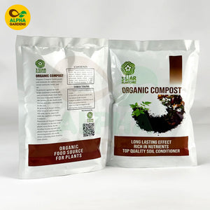 Two packages of organic compost with Alpha Gardens branding on a white background