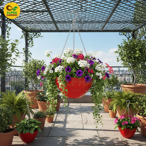 red  hanging flower baskets 