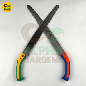 Two garden saws with colorful handles 