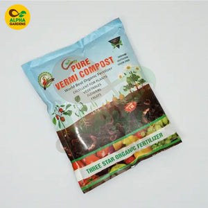 Packaged vermi compost fertilizer with Alpha Gardens logo on a white background