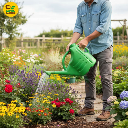 person-watering-flowers-in-a-garden-with-a-green-watering-can-alpha-gardens-logo-visible
