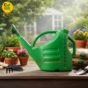 Green watering can on a garden table with plants and tools, 