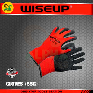 Pair of red and black gardening gloves with 'WISEUP'